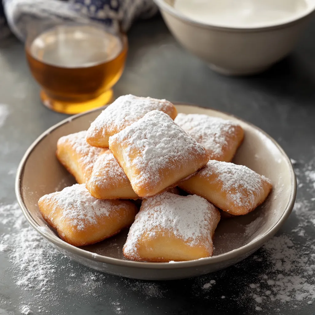 Un bol de buñuelos cubiertos de azúcar glass.