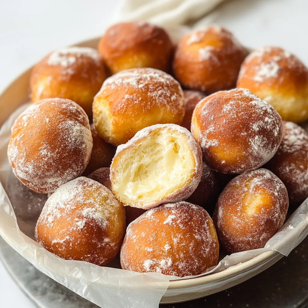 Un tazón con donas espolvoreadas con azúcar glass.