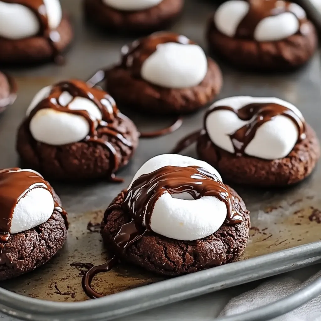 Bandeja de galletas de chocolate con malvaviscos encima.