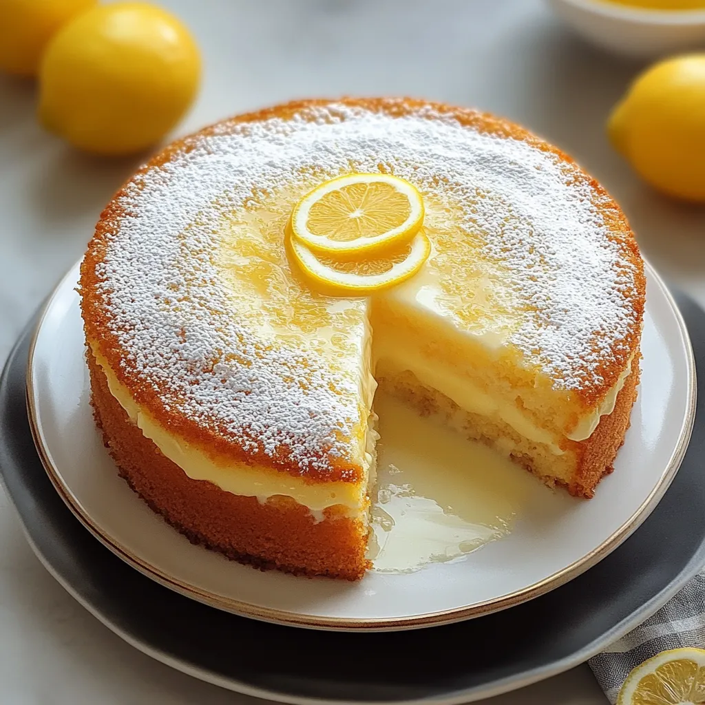 Una porción de pastel de limón con azúcar glas por encima.