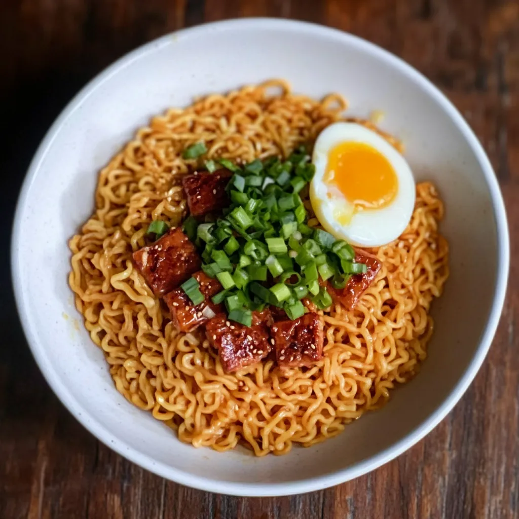 Un plato de fideos con un huevo encima.