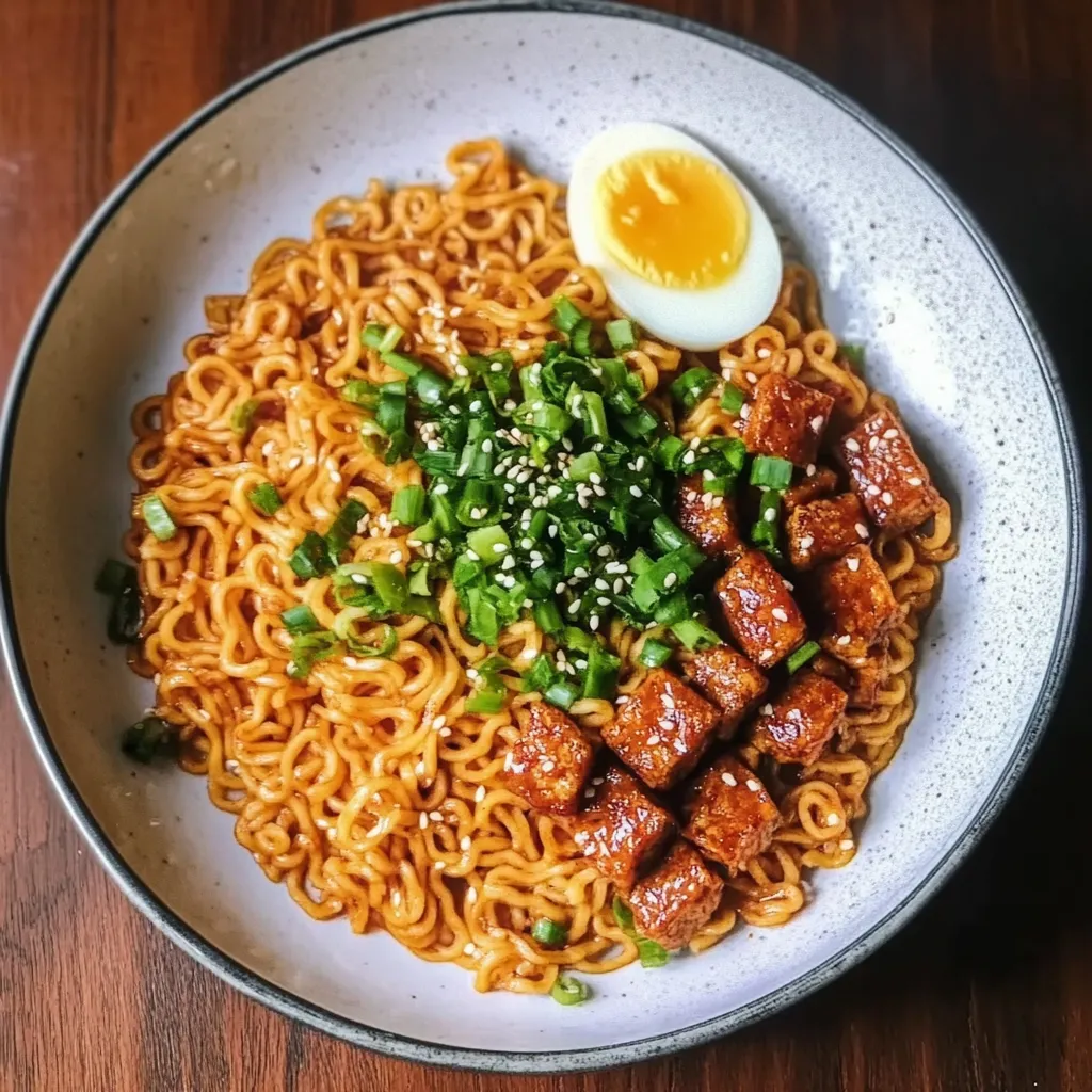 Un plato de fideos con verduras y un huevo.