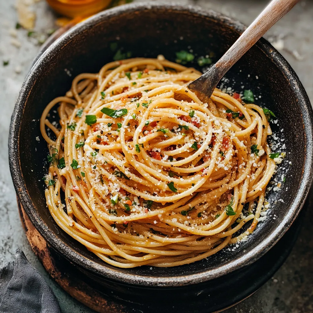 Un plato de espagueti con queso y hierbas.