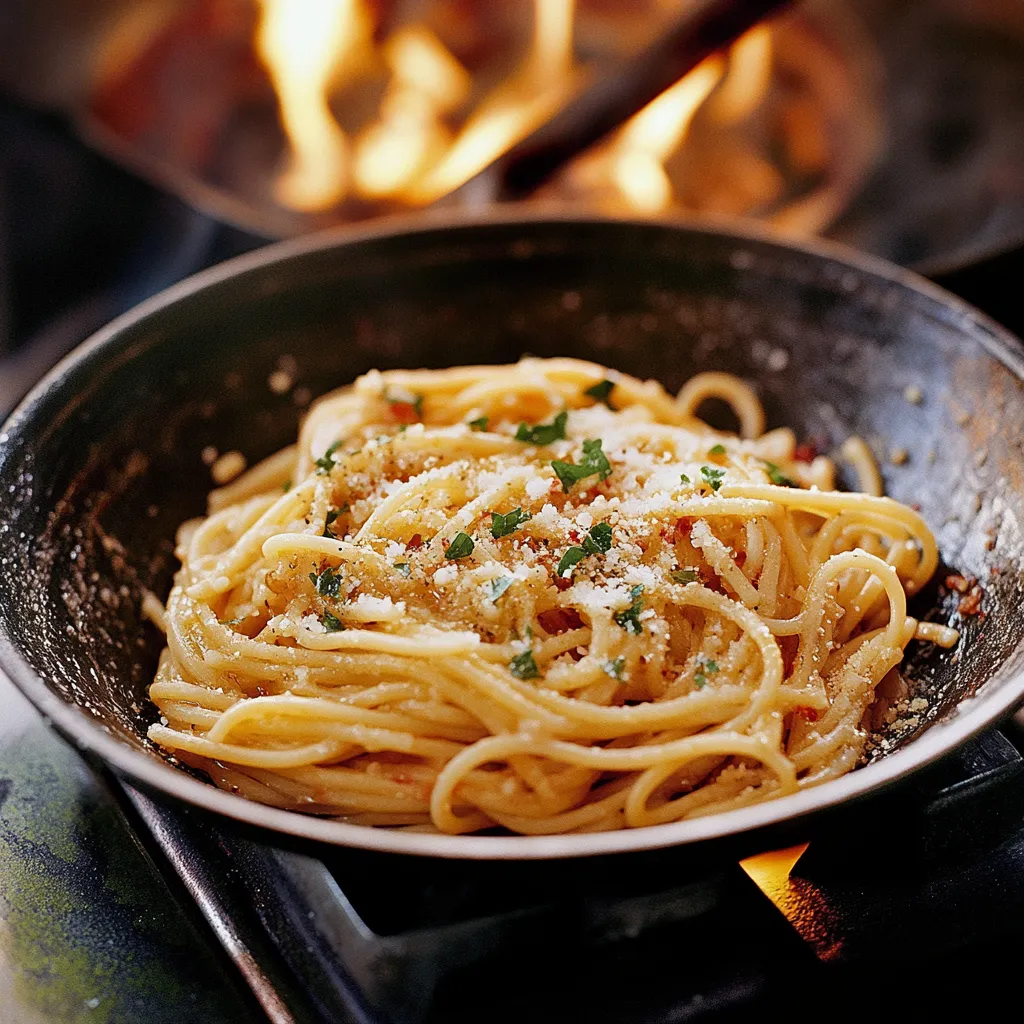 Un plato de espaguetis con queso y hierbas.