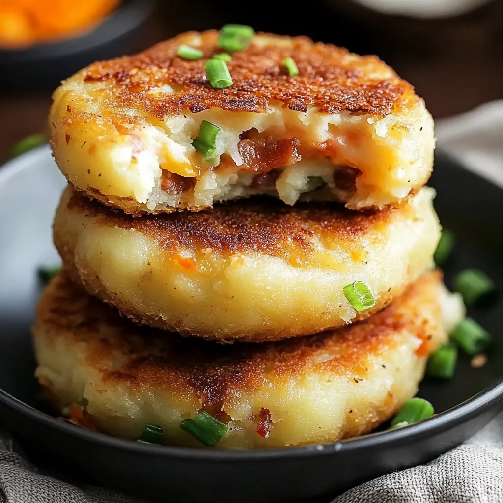 Tres tortitas rellenas apiladas en un plato.