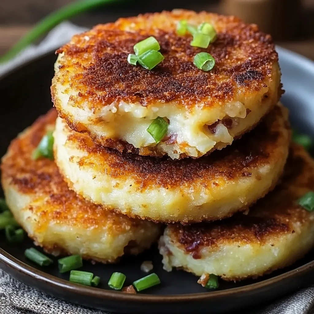 Una pila de tres tortitas con cebolleta por encima.