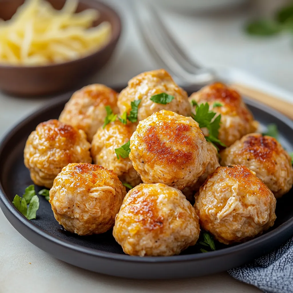 Un plato de albóndigas con un tenedor y un cuenco de queso.