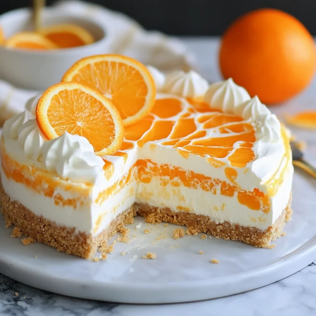 Una rebanada de cremoso de naranja con rodajas de naranja encima.