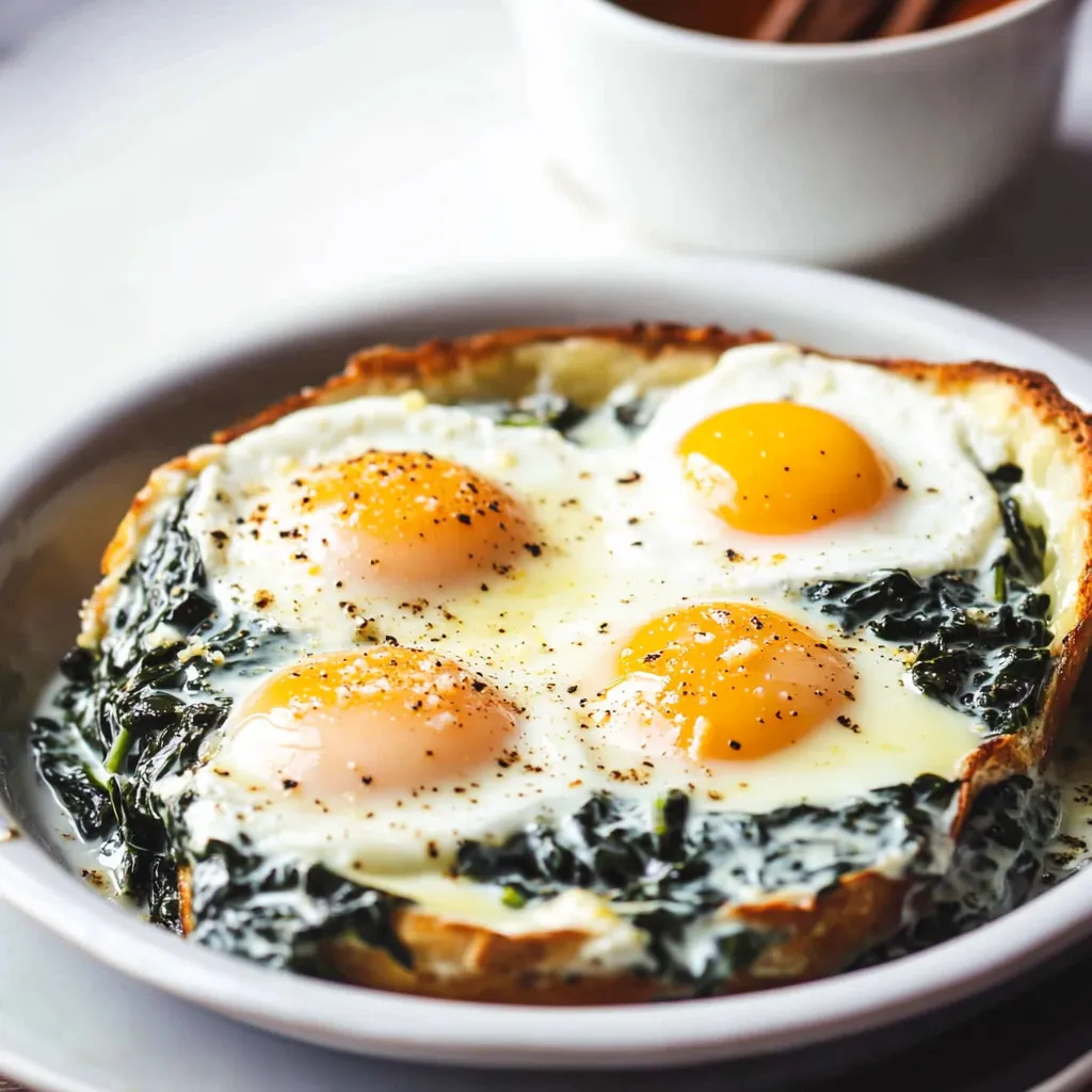 Un plato de huevos con espinacas al lado.