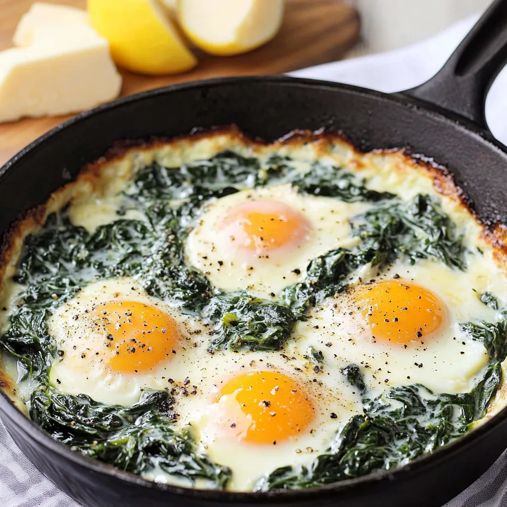 Una sartén con huevos y espinacas.