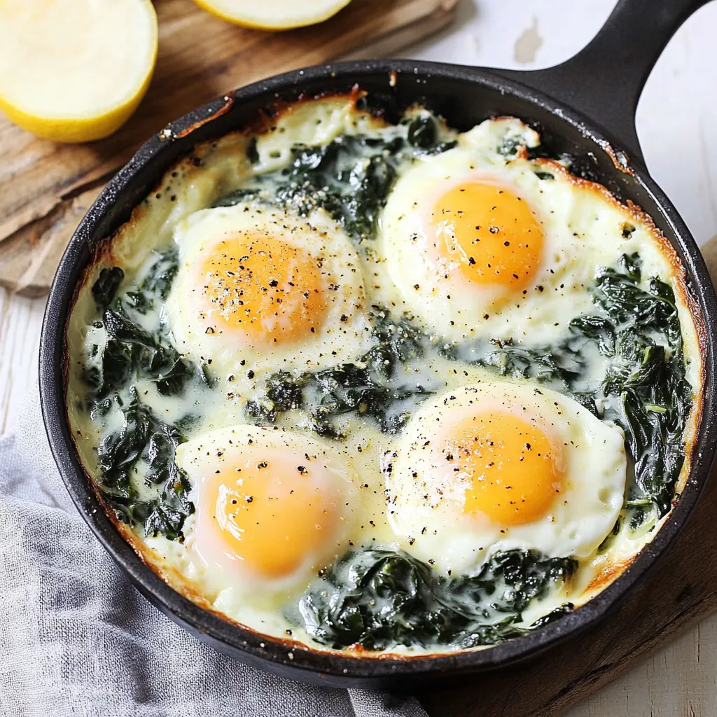 Una sartén con huevos y espinacas.