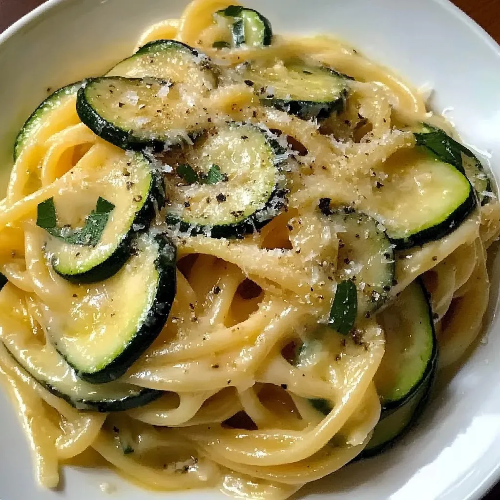 Un plato de pasta con zucchini y queso.