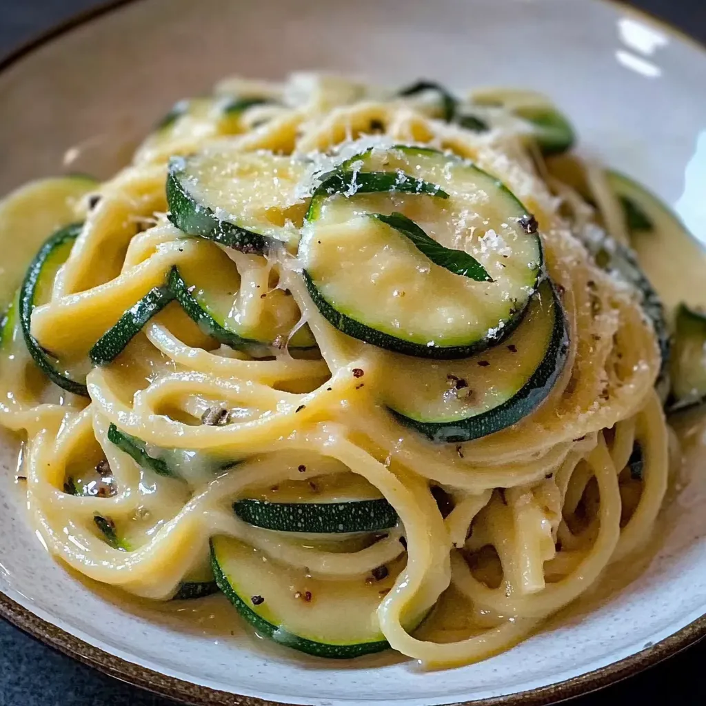 Un plato de pasta con calabacín y queso.