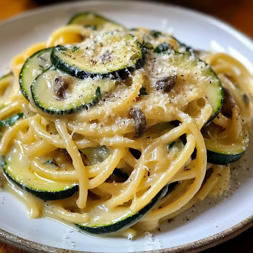Un plato de pasta con calabacín y queso.