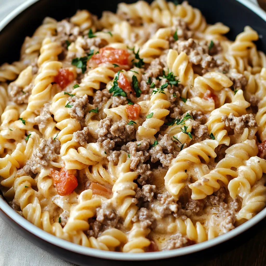Un plato de pasta con carne y tomates.