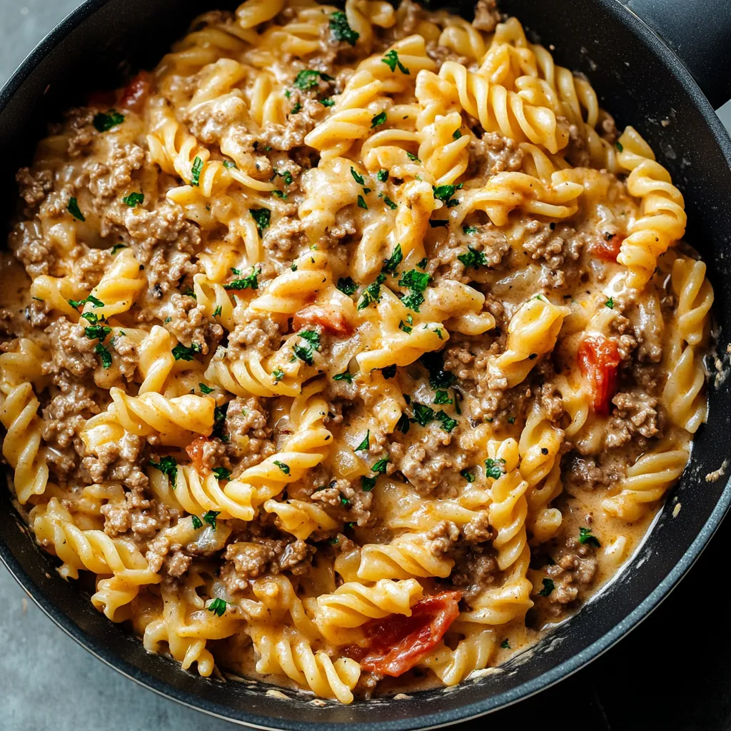 Un plato de pasta con carne y tomates.