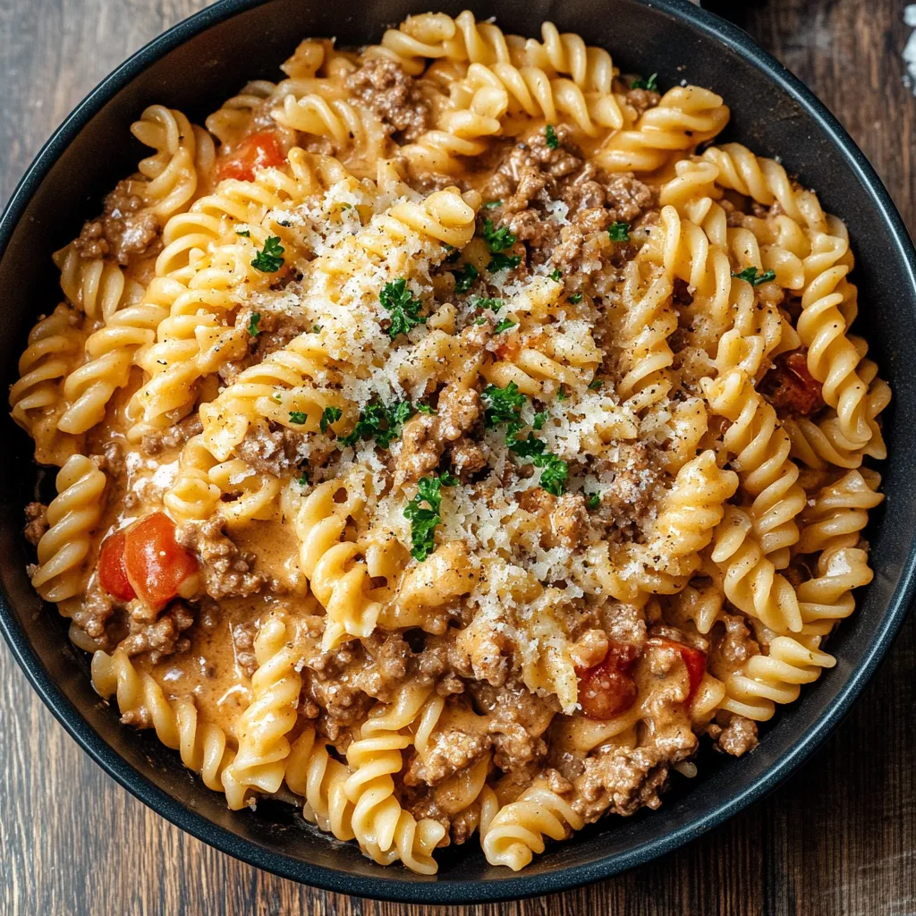 Un plato de pasta con carne y tomates.