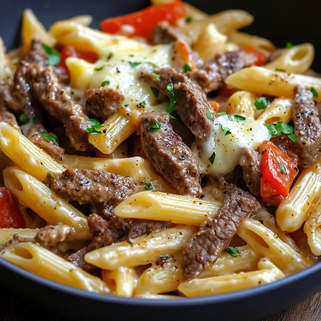 Un plato de pasta con carne y vegetales.