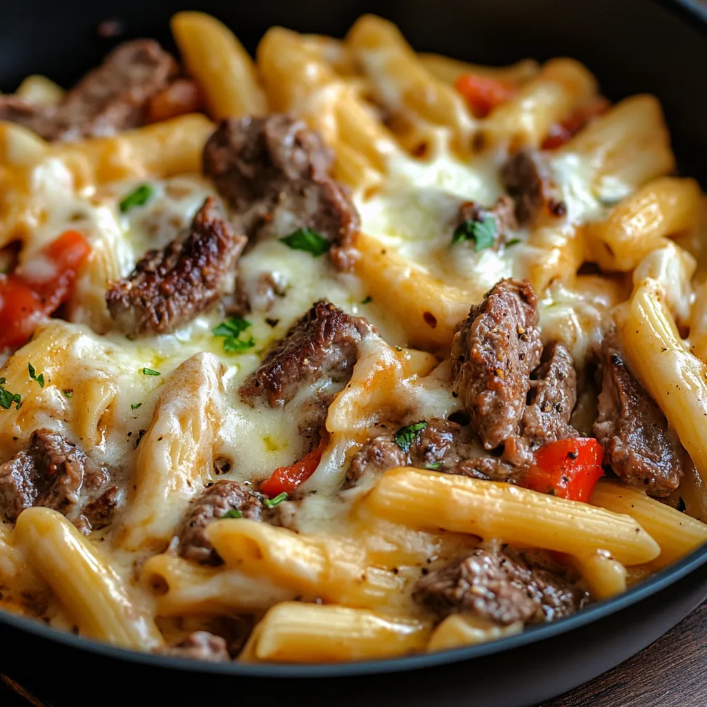 Un plato de pasta con carne y queso.