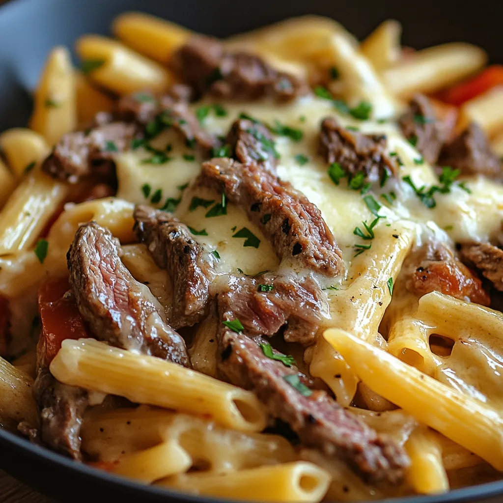 Un plato de pasta con carne y queso.