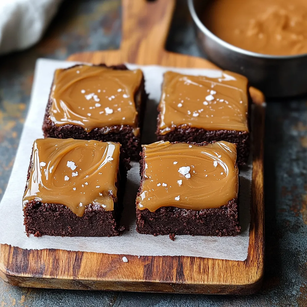Una tabla de madera con cuatro trozos de brownie de chocolate.