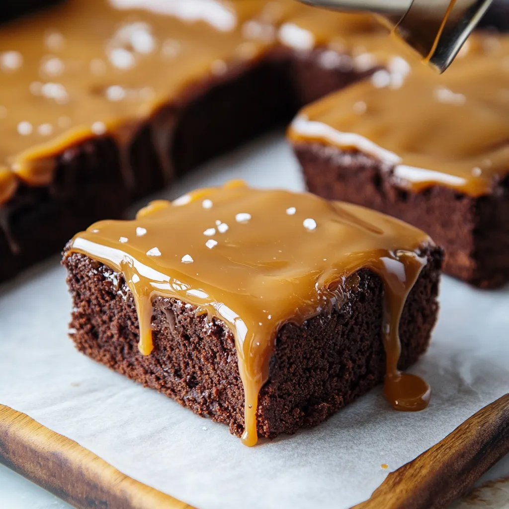 Un trozo de brownie con salsa de caramelo por encima.