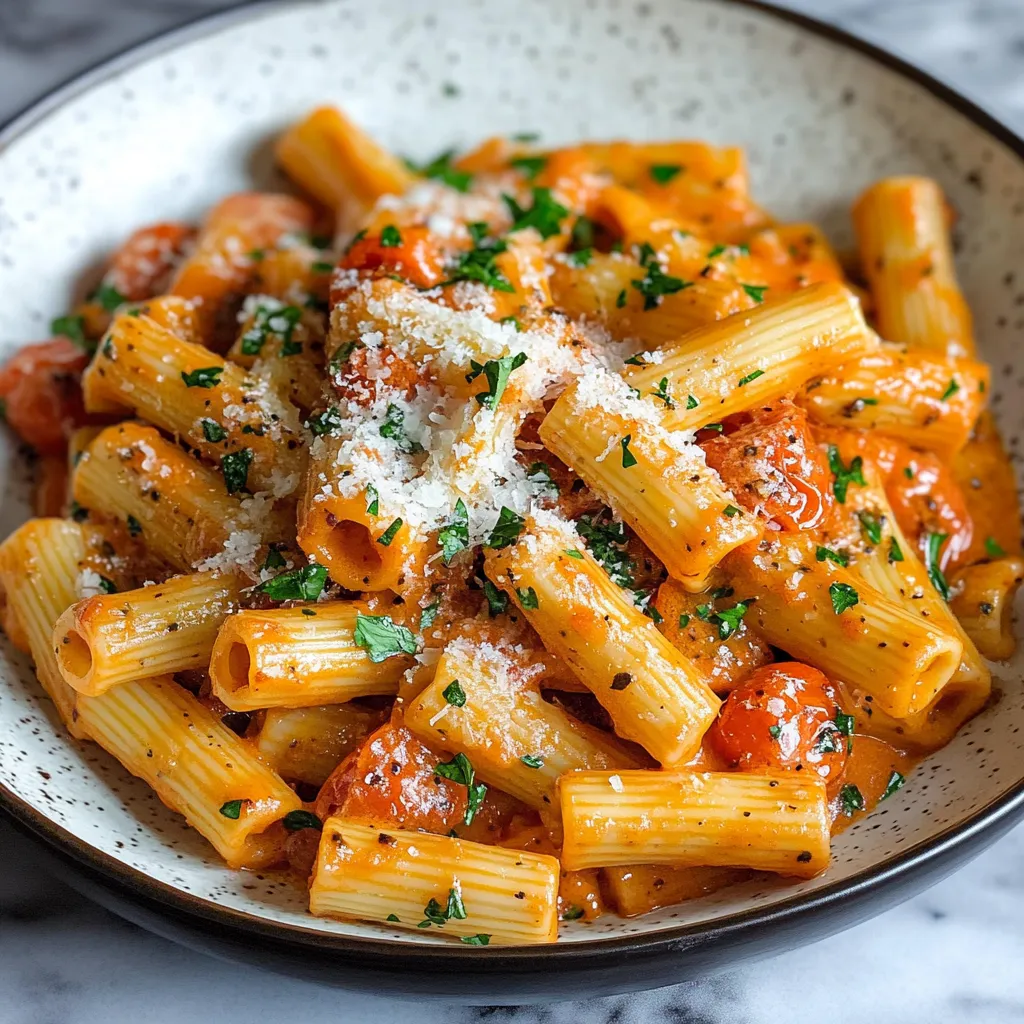 Un plato de pasta con tomates y queso.