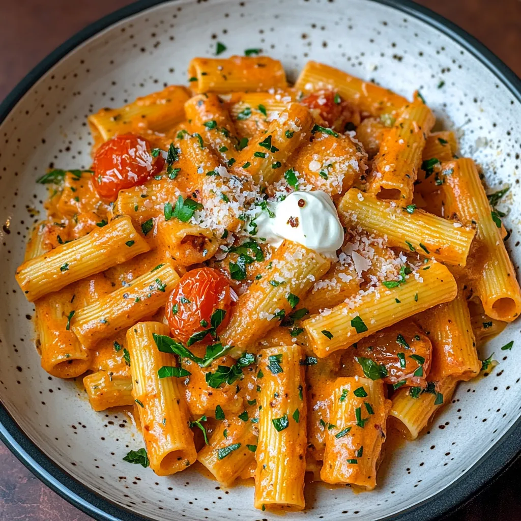 Un bol de pasta con tomates y queso.