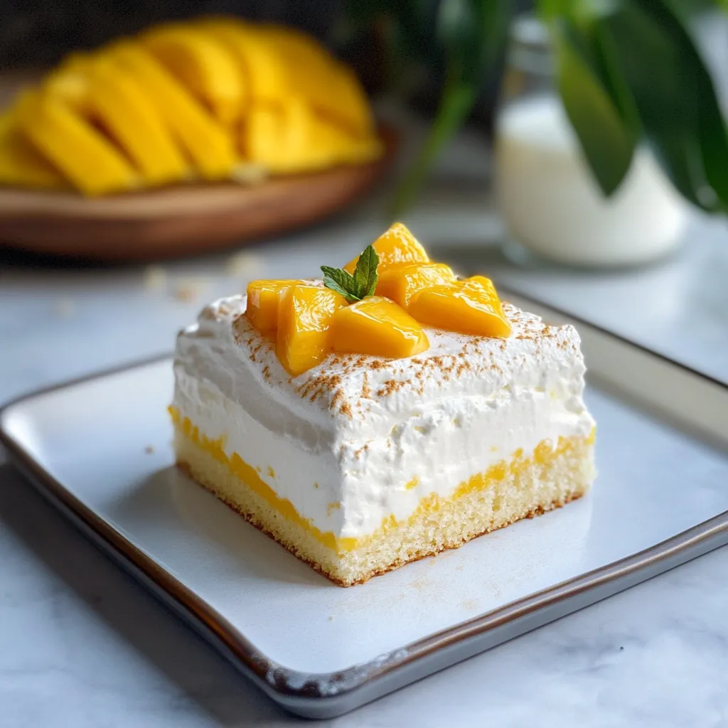 Un trozo de pastel con mango arriba.