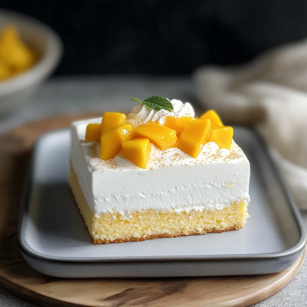 Una porción de pastel con cobertura blanca y fruta amarilla.