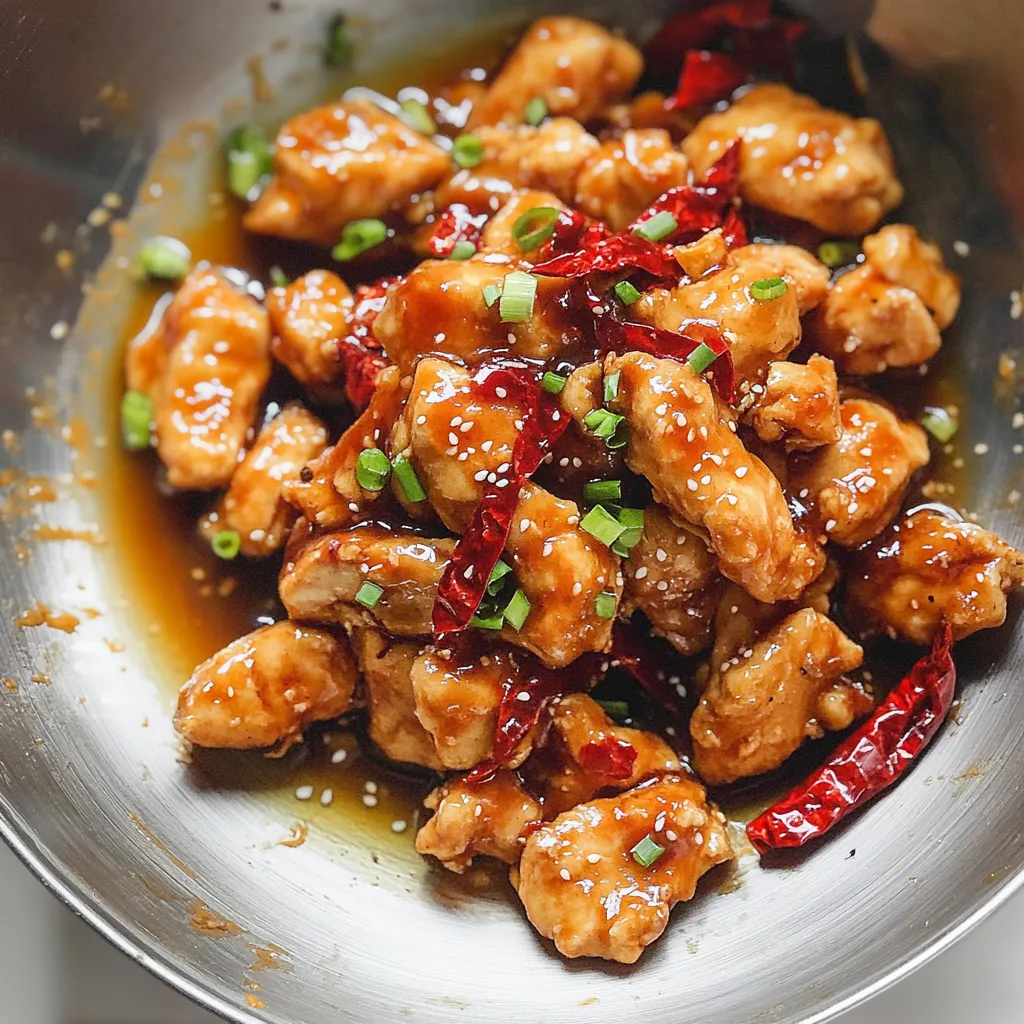 Un bol de pollo con pimientos rojos y cebollino.