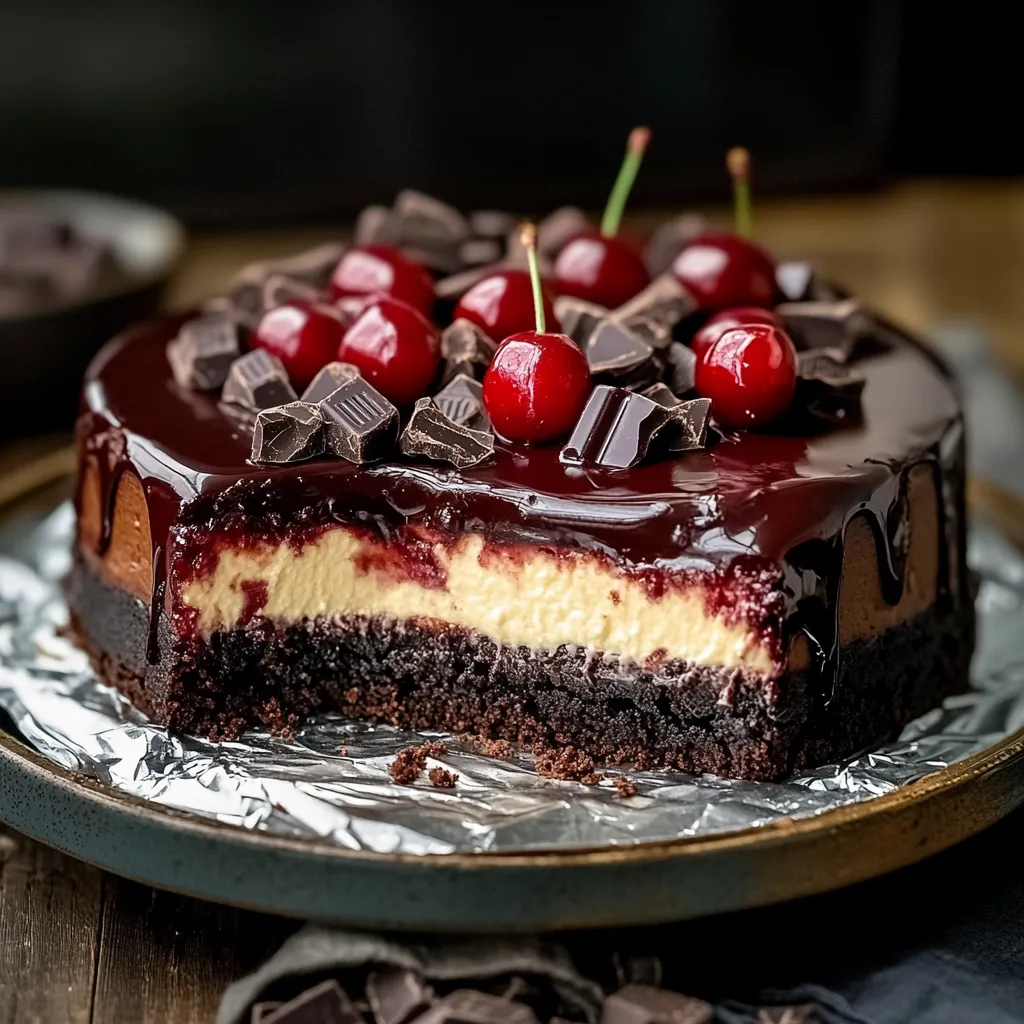 Una porción de tarta de chocolate con cerezas encima.