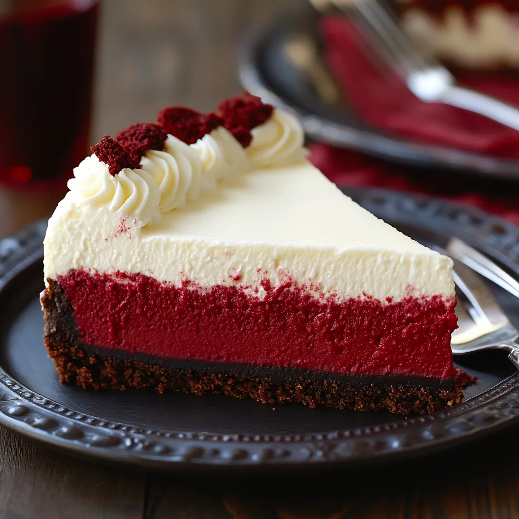 Una porción de pastel de queso con cobertura roja y blanca.