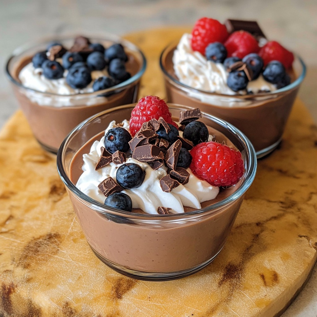 Tres vasos de postre de chocolate con frutos rojos.