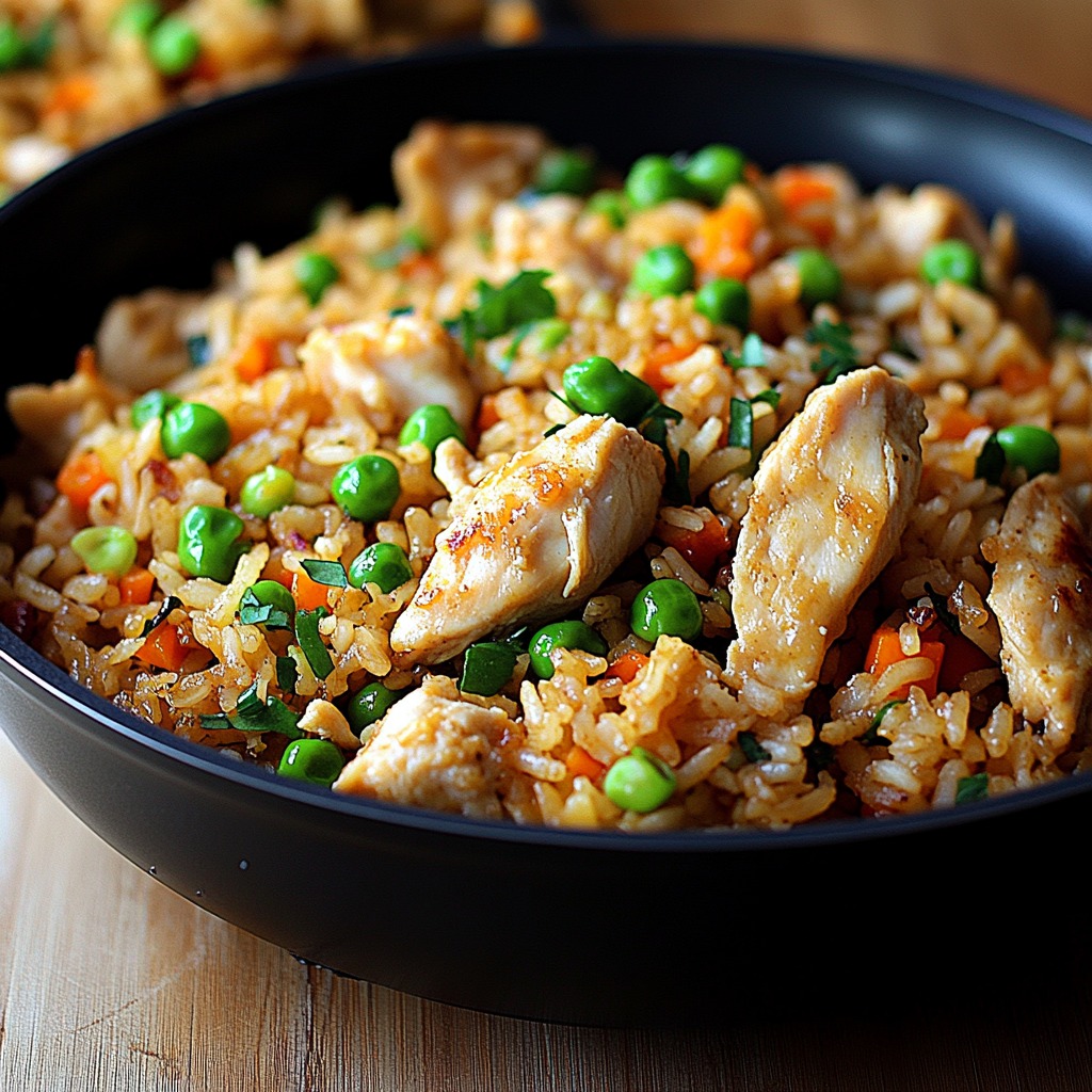 Un tazón de arroz con pollo y guisantes.