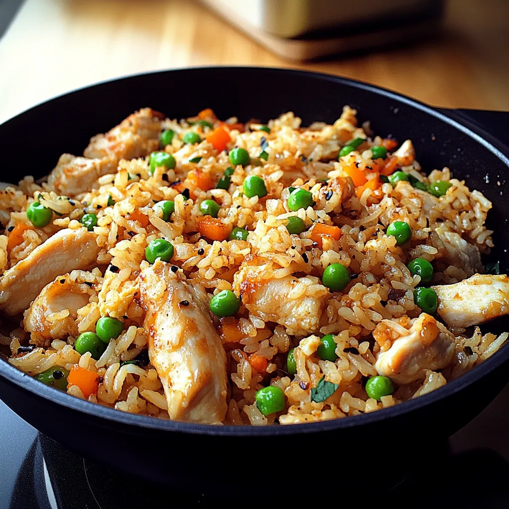 Un bol de arroz con pollo y guisantes.