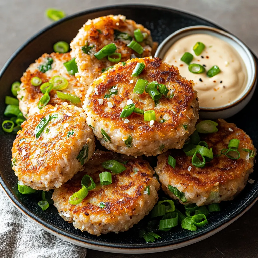 Un plato de tortitas con salsa al lado.