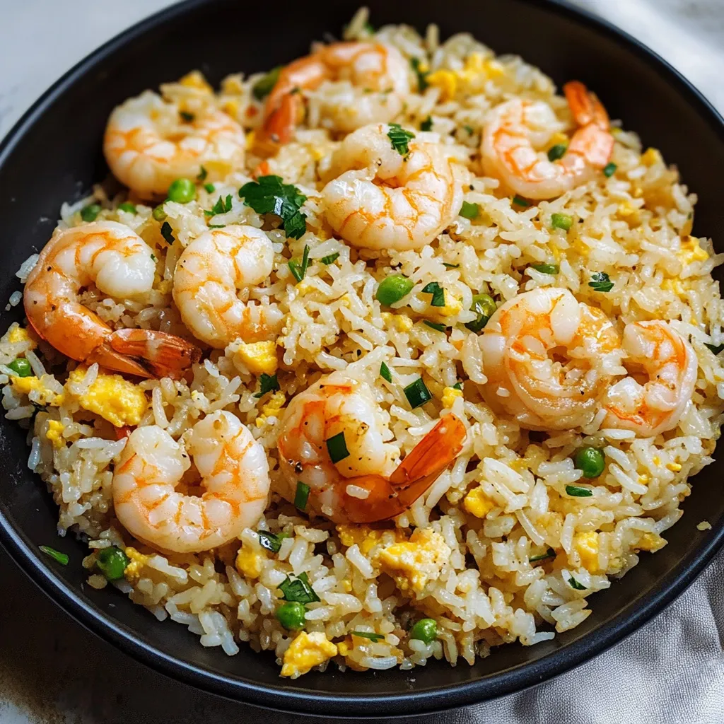 Un plato de arroz con camarones y vegetales.
