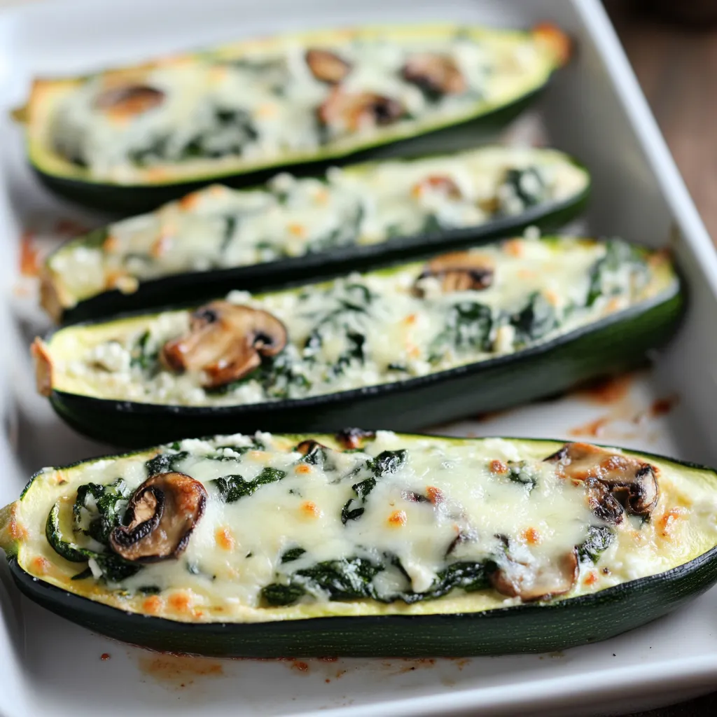 Un plato blanco con 4 rodajas de calabacín con queso y champiñones.