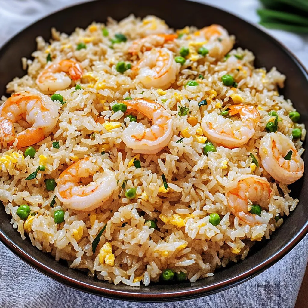 Un bol de arroz con camarones y guisantes.