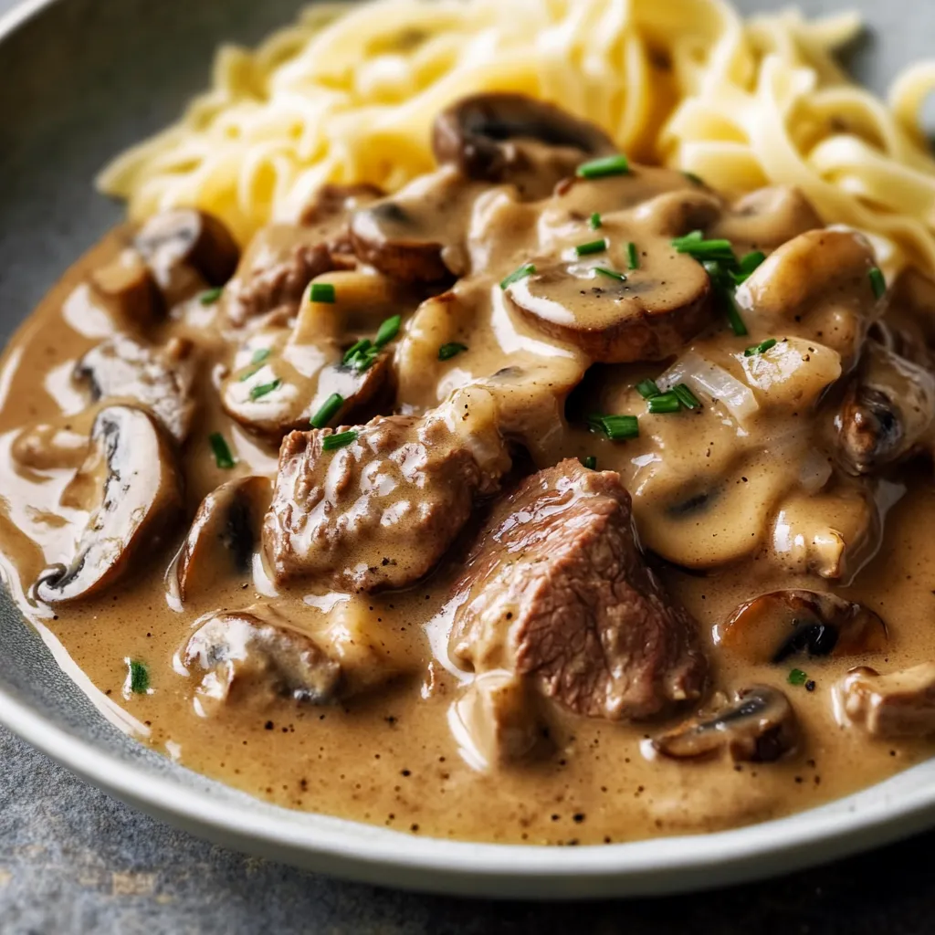Un plato con champiñones y noodles.