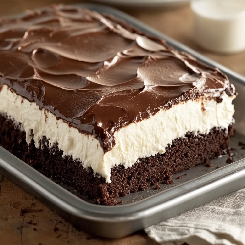 Una porción de pastel de chocolate con glaseado blanco.