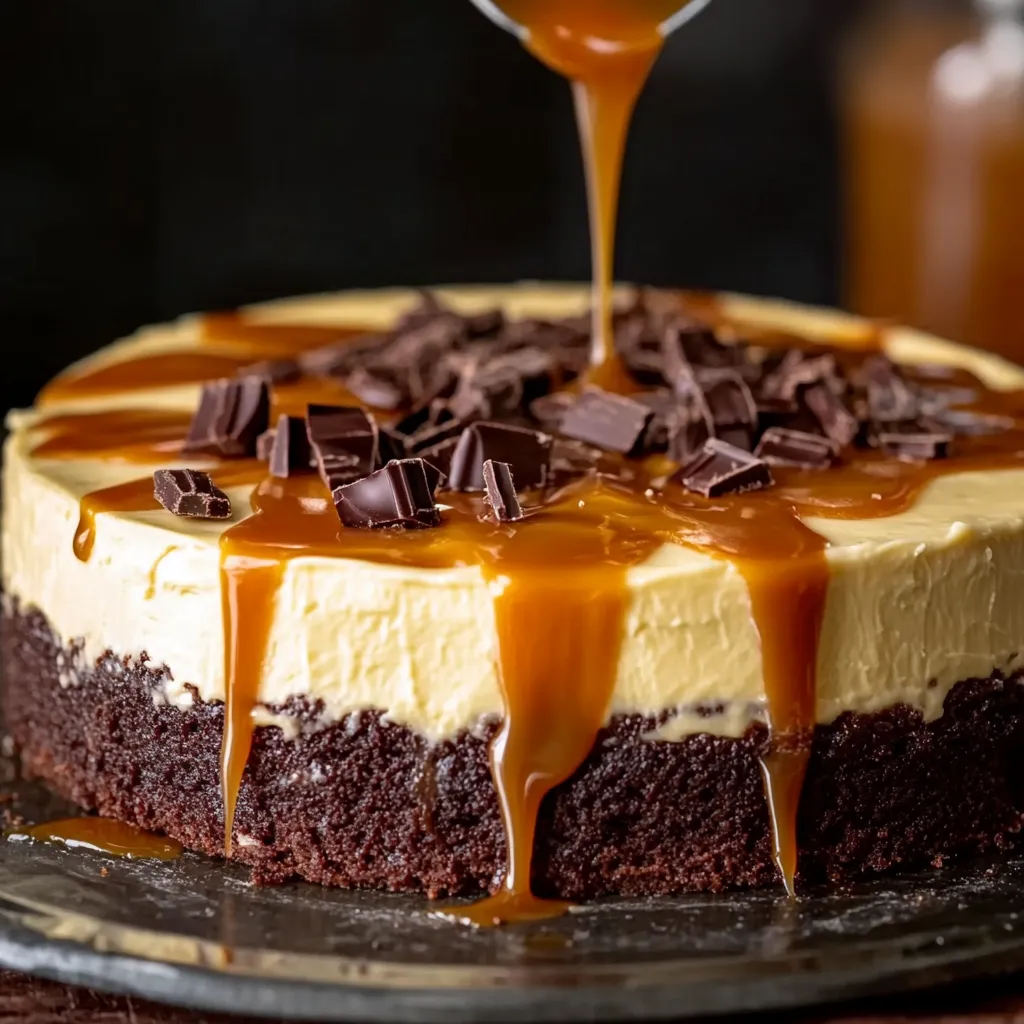 Una porción de tarta con caramelo chorreando por encima.