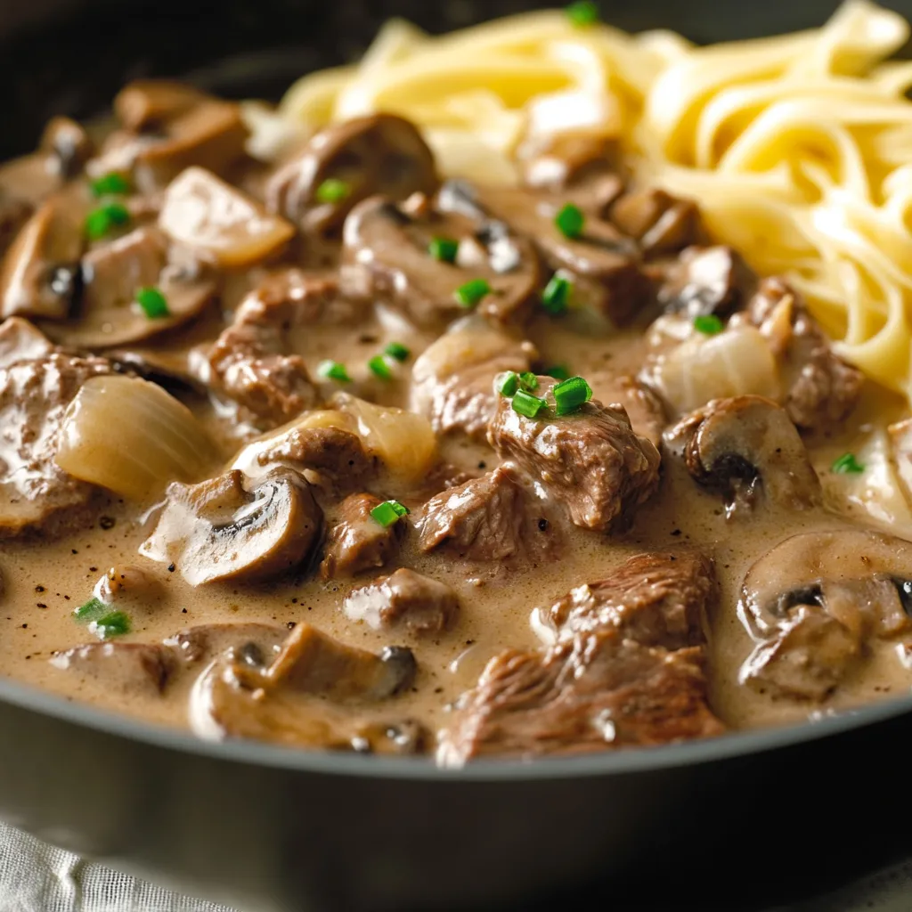 Un plato de pasta con champiñones y carne.