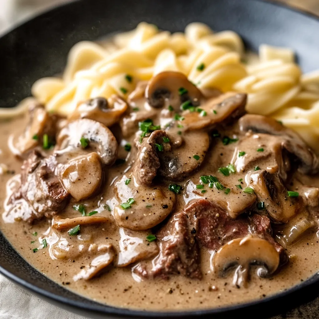Un plato de comida con champiñones y fideos.