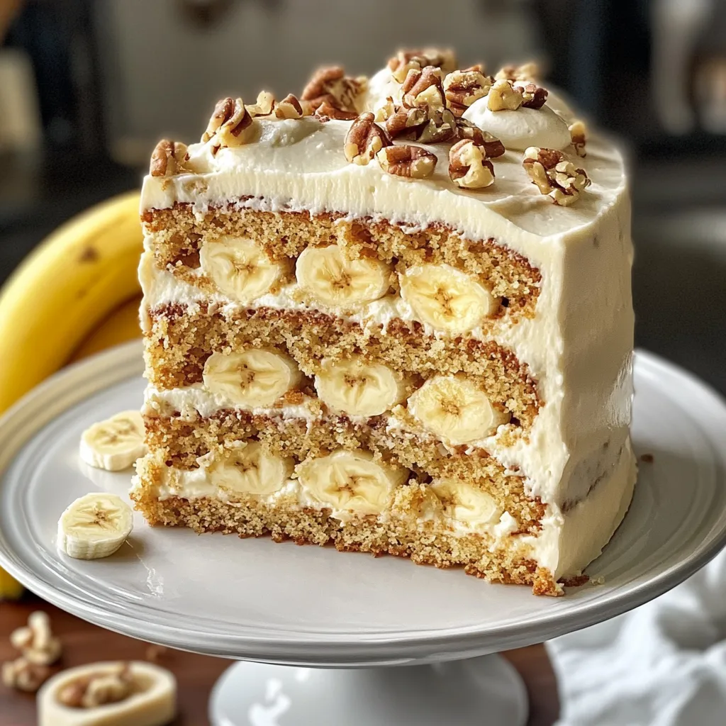 Rebanada de pastel con plátanos encima.