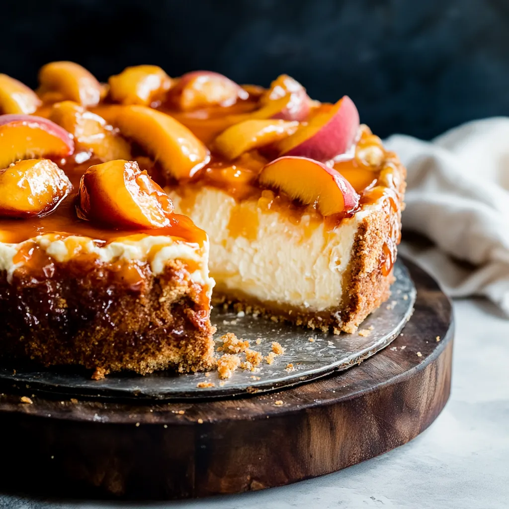 Un trozo de cheesecake con duraznos encima.
