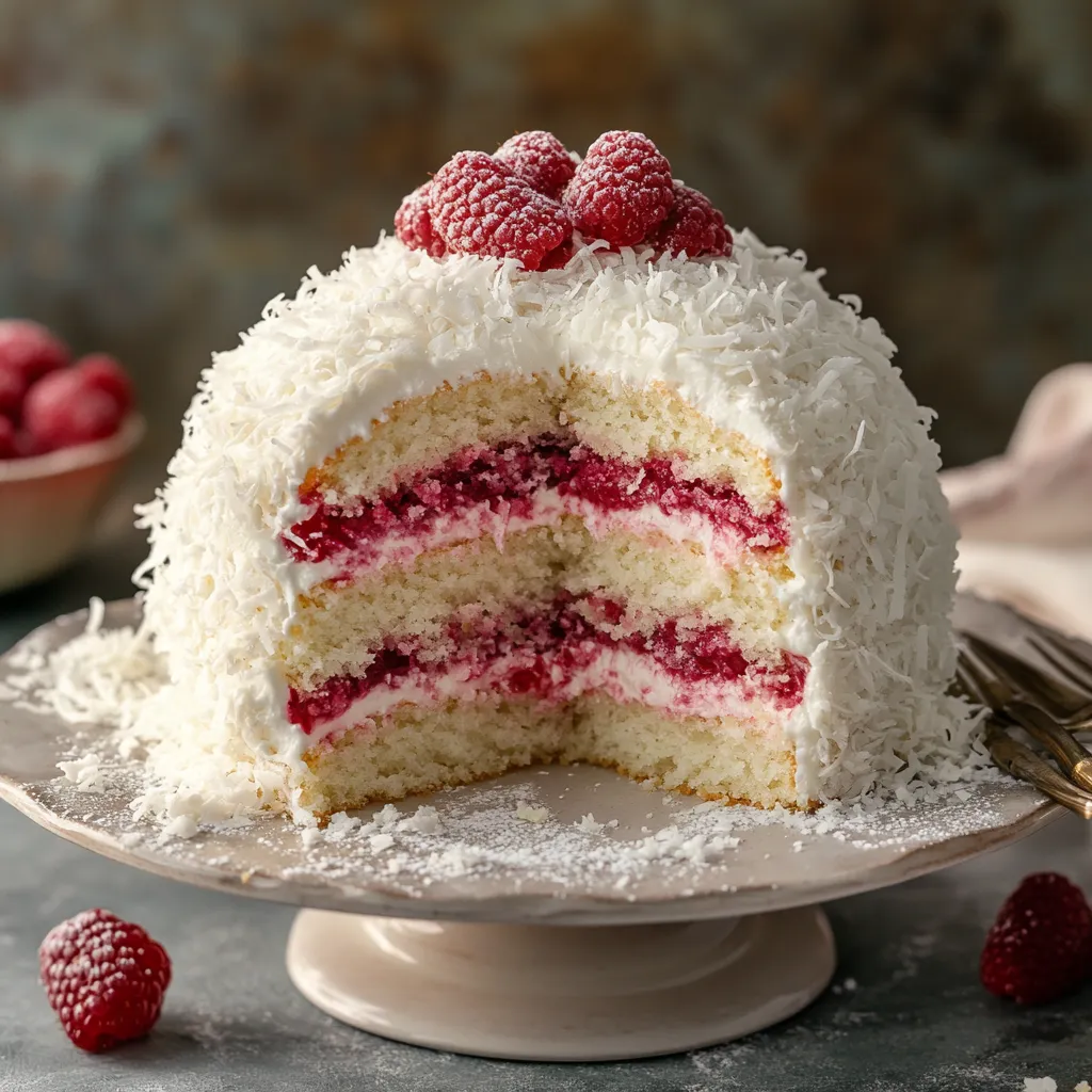 Una porción de pastel con frambuesas encima.
