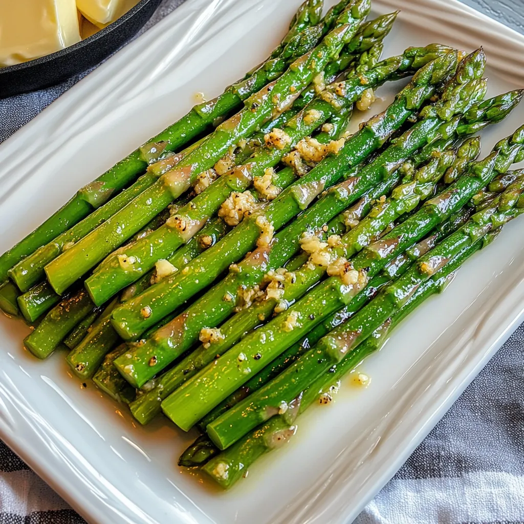 Un plato de espárragos con mantequilla y condimentos.