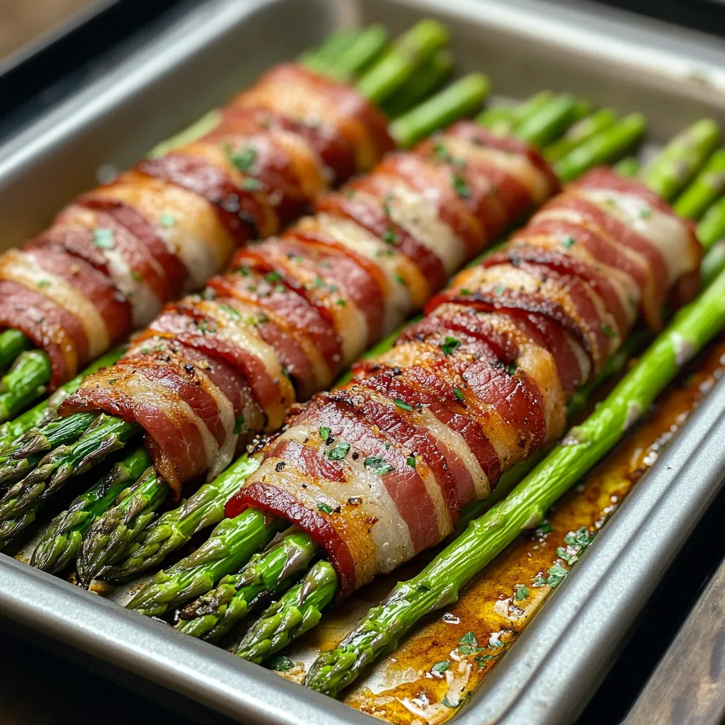 Espárragos envueltos en bacon en una sartén.